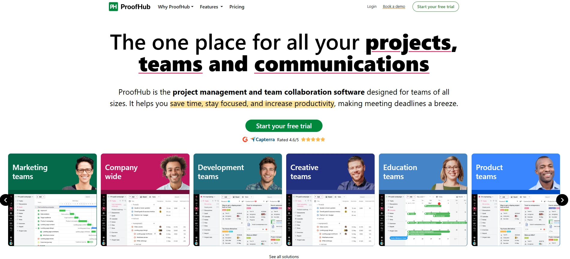 ProofHub website showing project management and collaboration views for marketing, development, creative and other teams