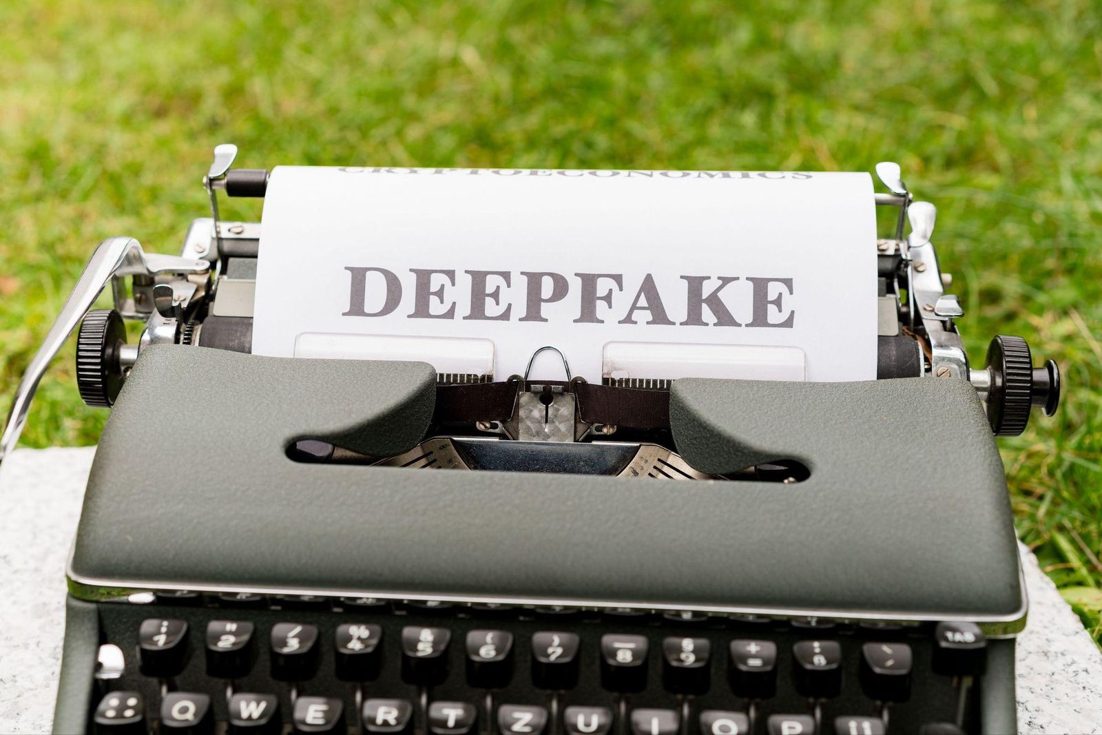Vintage typewriter with a sheet of paper reading DEEPFAKE