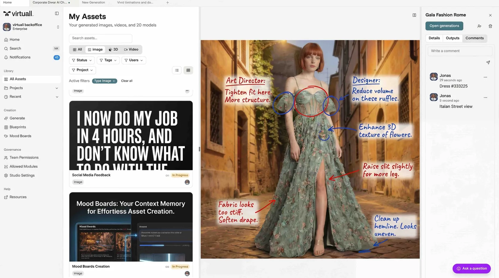 Virtuall Workspace collaboration view showing shared creative assets and review activity