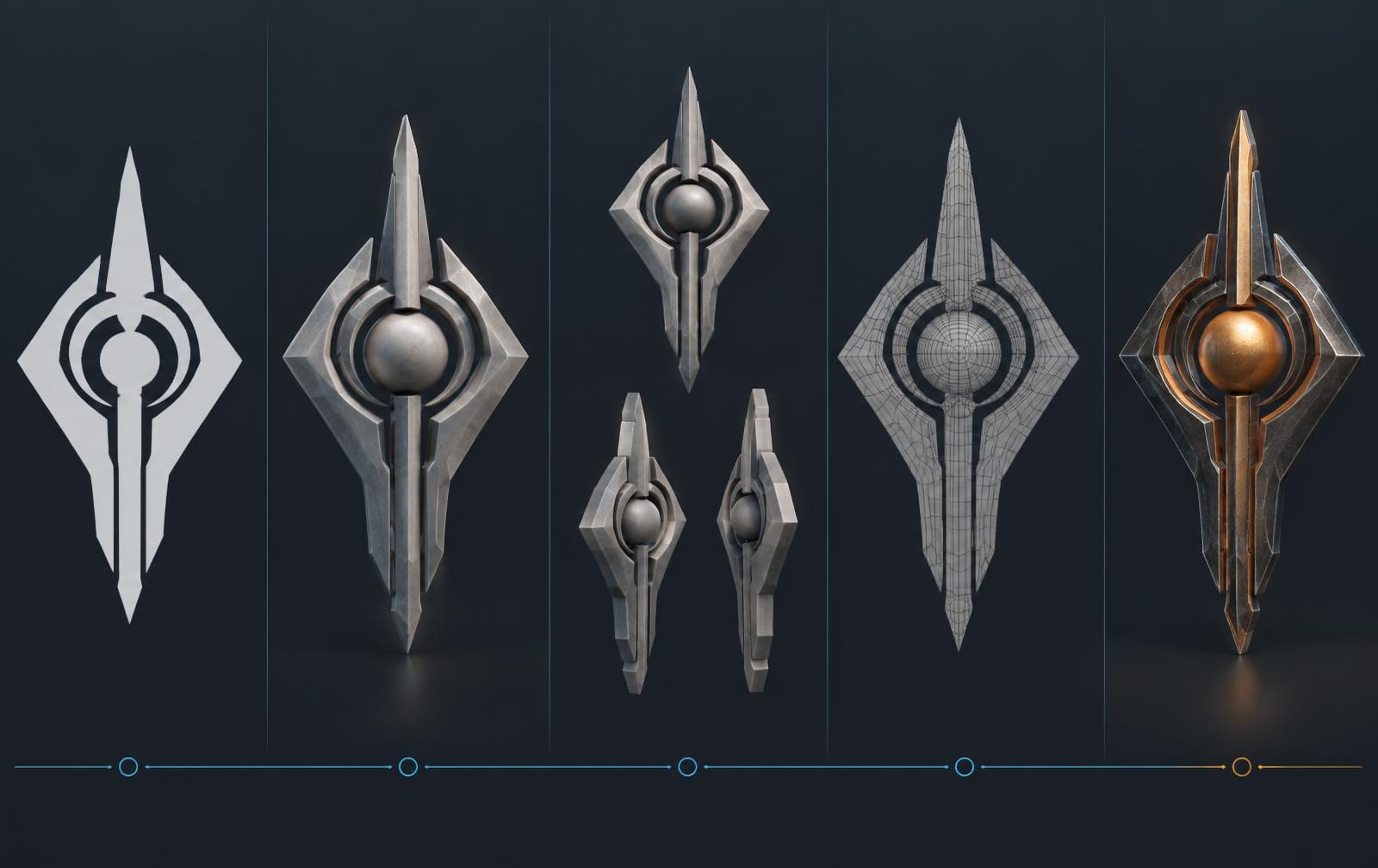 A flat game emblem progressing through a volumetric concept, multiple views, geometry and a final textured 3D asset