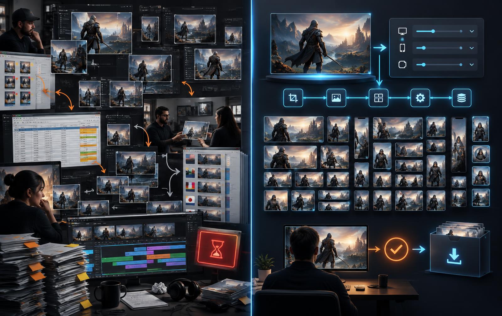 A comparison of fragmented manual game marketing production and a governed self-service workflow producing a complete multi-channel package from one approved master.