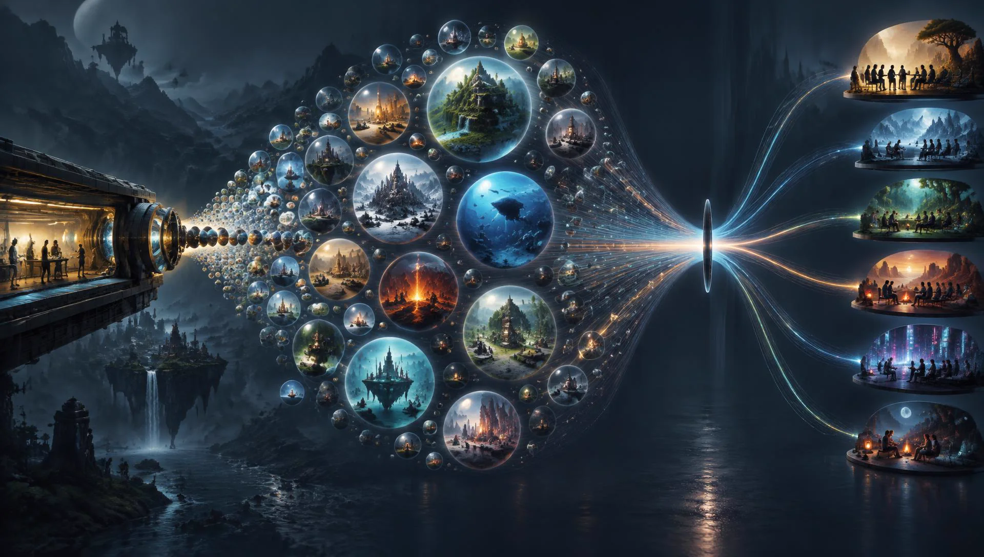 A widening field of game worlds passing through a narrow point of audience attention before reaching distinct communities