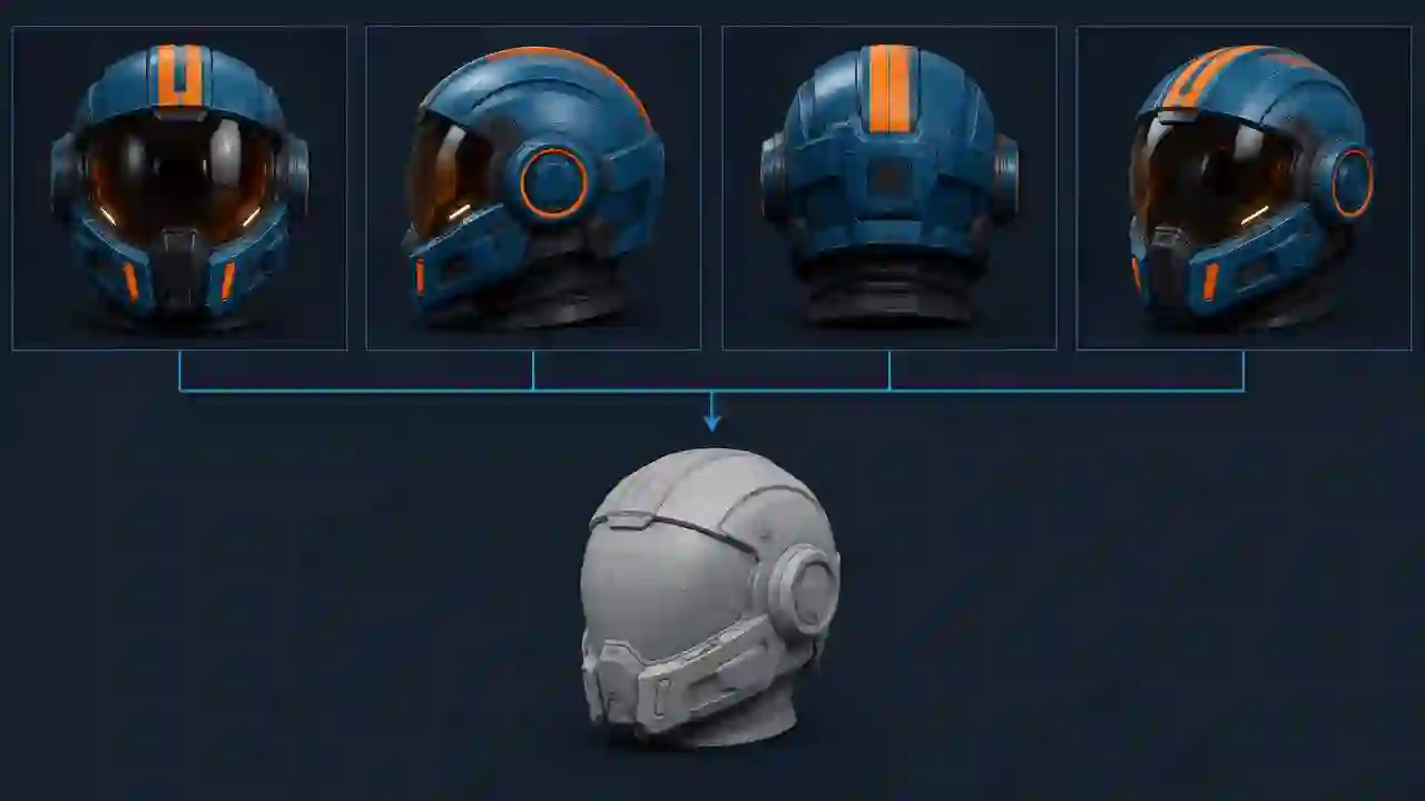 Four consistent reference views of a sci-fi helmet — front, side, back, and three-quarter — feeding into a single reconstructed 3D mesh.