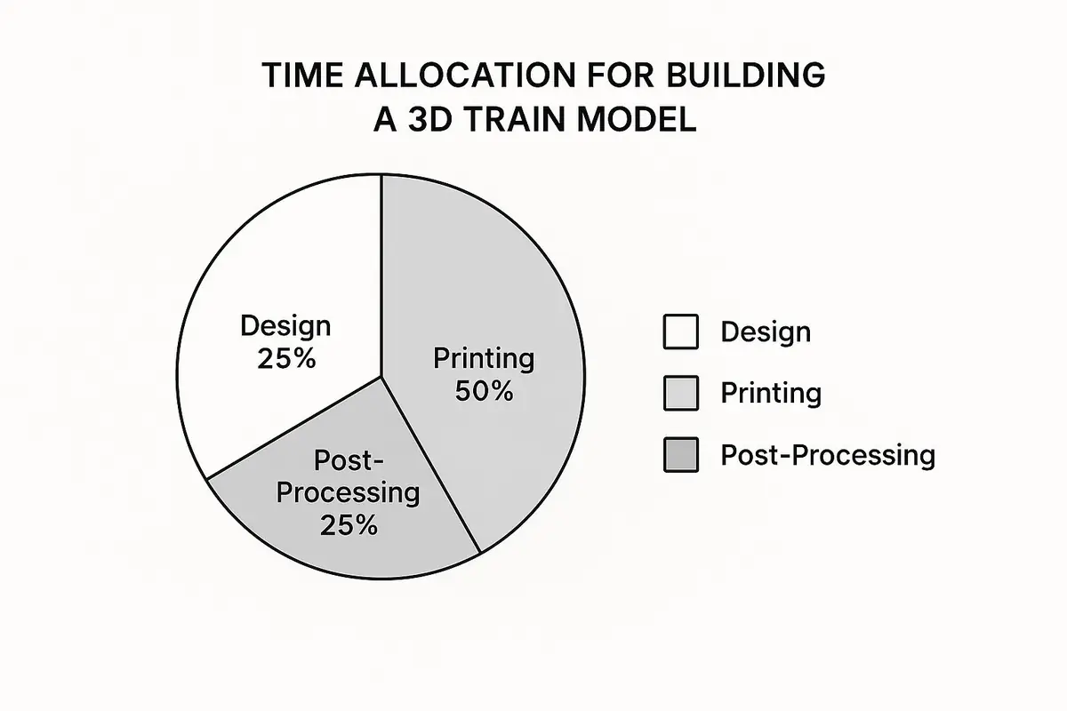 An infographic pie chart showing the time allocation for building a 3D train model: Design (25%), Printing (50%), and Post-Processing (25%).