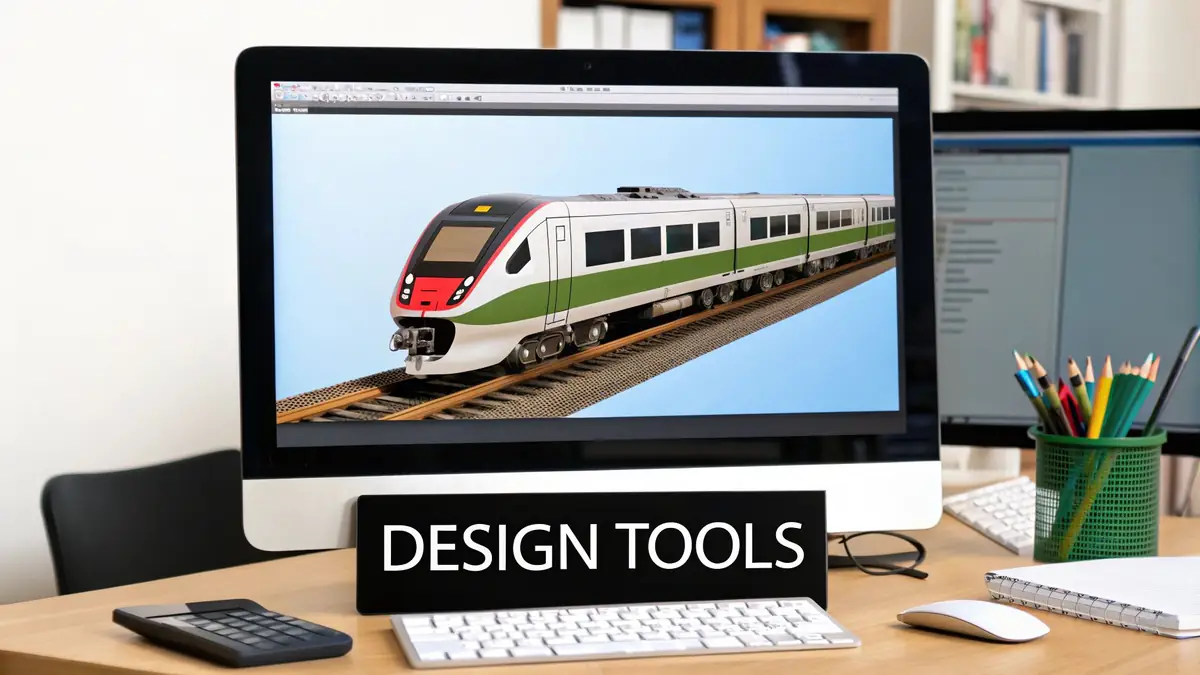 A detailed 3D train model in a workshop setting, showcasing intricate textures.