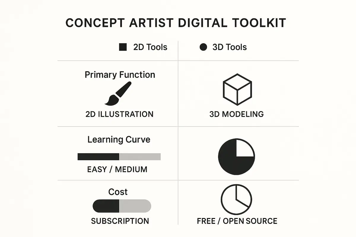 Infographic comparing 2D and 3D digital art tools for game concept artists.