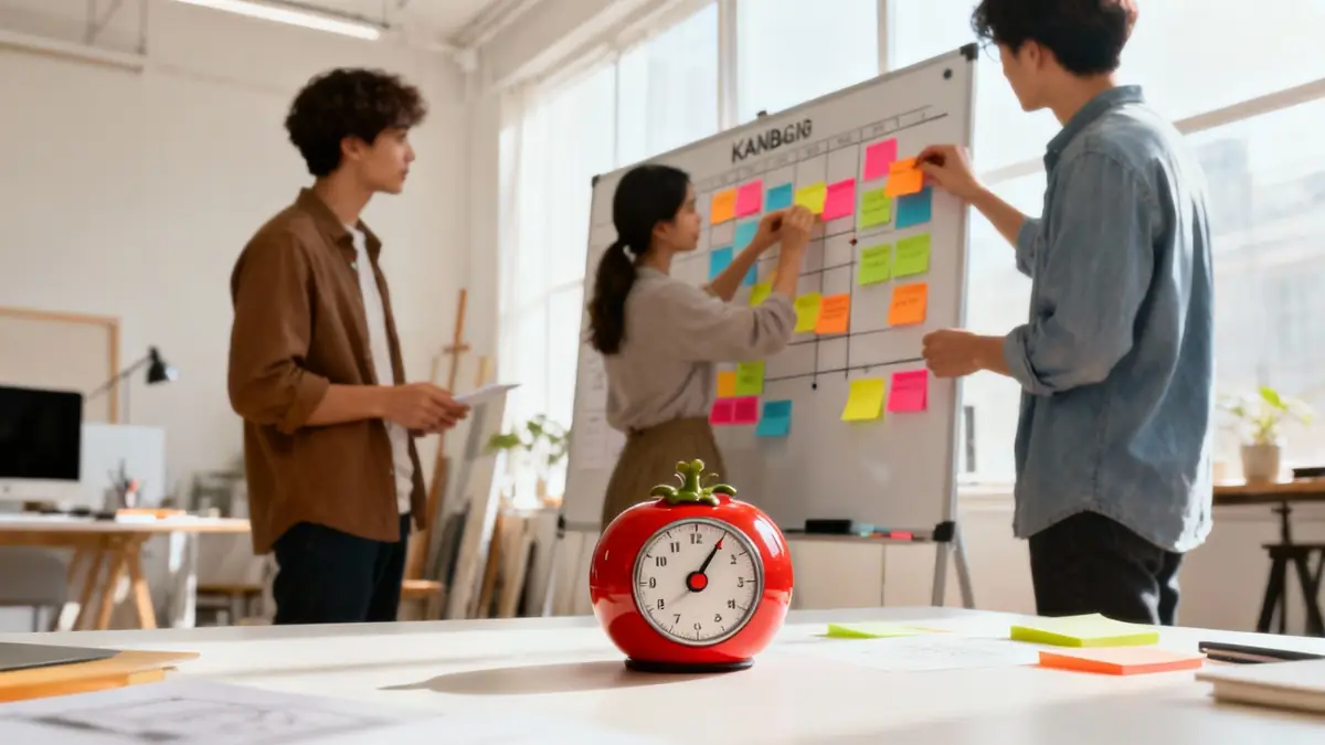 A team using a digital Kanban board on a large screen to manage a creative campaign.