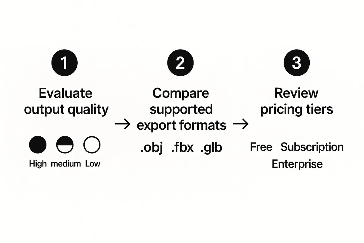 Infographic showing a three-step process to choose a 2D to 3D conversion platform: evaluate output quality, compare export formats, and review pricing.