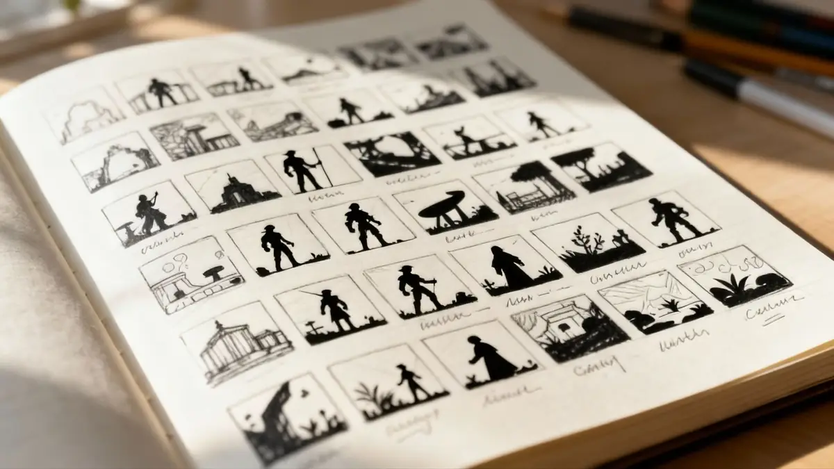 A concept artist sketching thumbnails of characters and environments on a digital tablet.