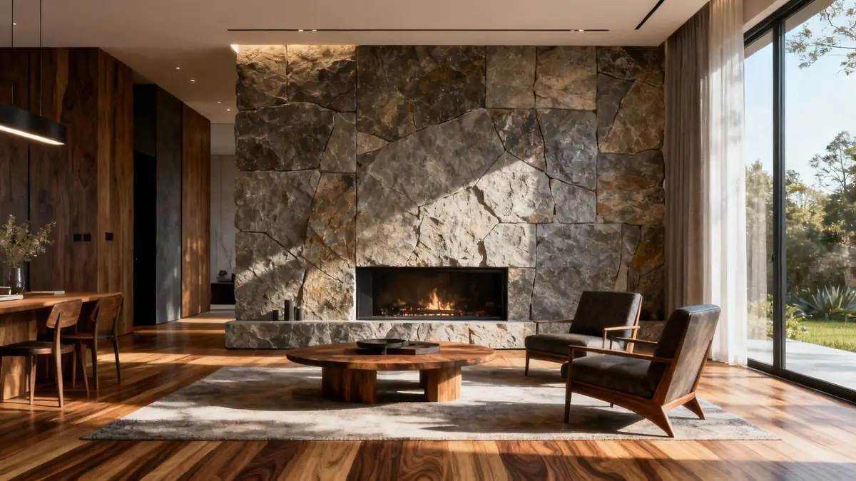 A detailed architectural rendering of a modern living room where normal maps are used on the wood floor, fabric sofa, and stone fireplace to create realistic textures.
