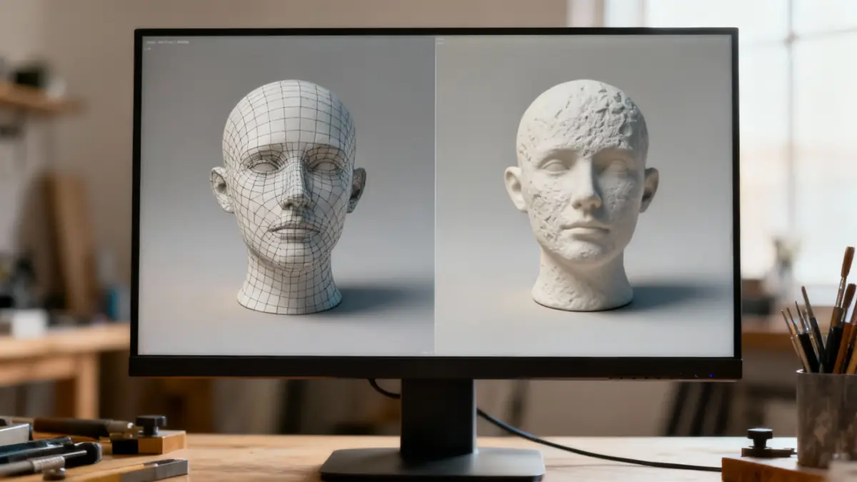 A close-up of a 3D model being refined, highlighting detailed texture and mesh work.