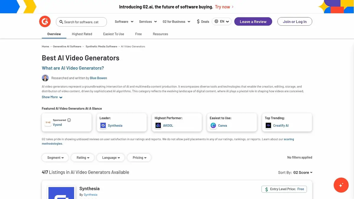 G2 (AI Video Generators category)