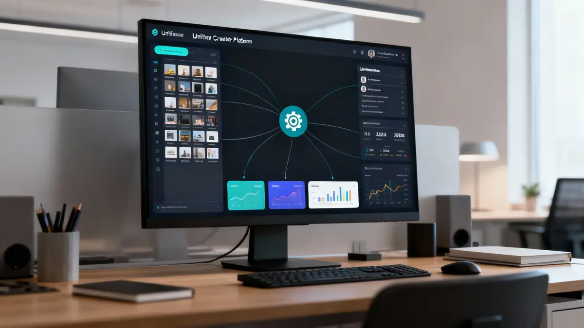 A designer using a unified AI platform interface showing 3D models, images, and video assets in one dashboard.