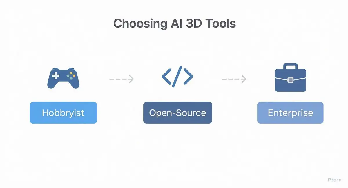 Infographic showing a process flow for choosing AI 3D tools, moving from Hobbyist to Open-Source to Enterprise solutions.