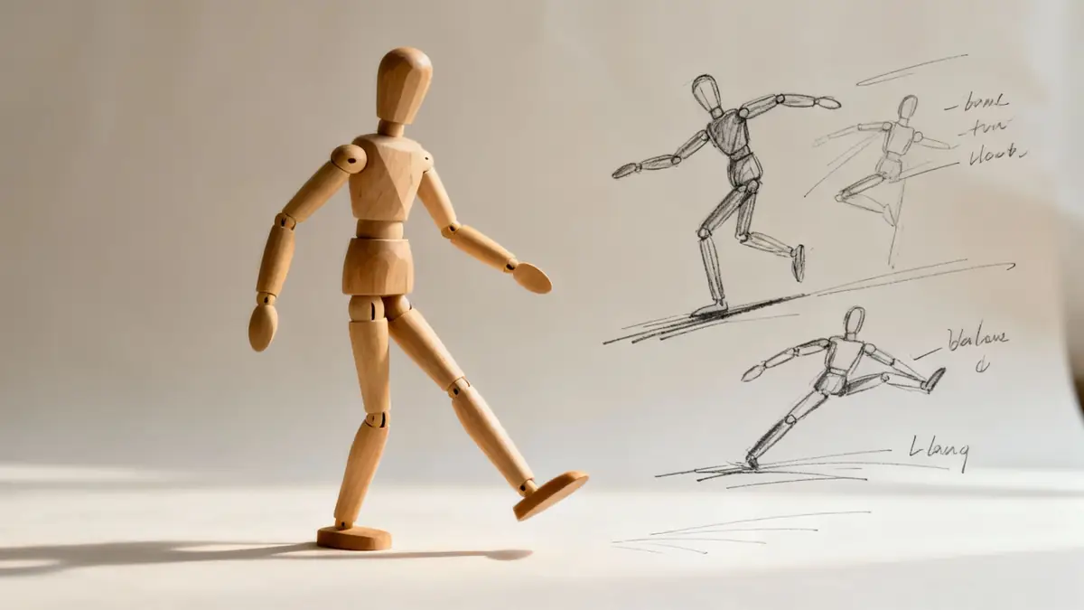 A dynamic digital sketch showing the underlying anatomical structure and gesture lines of a 2D character in an action pose.