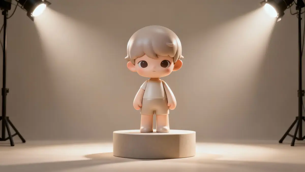 A final render of a 3D cartoon character in a dynamic pose against a simple background, highlighted by a three-point lighting setup.