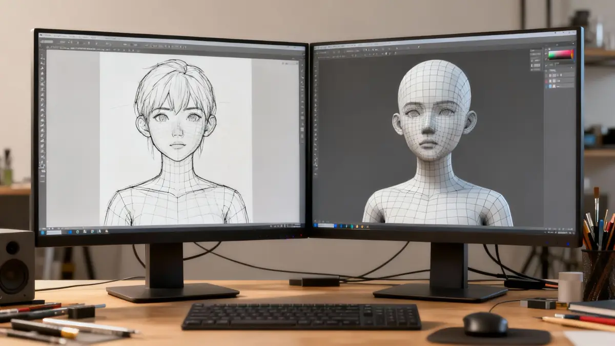 A 2D character concept next to its generated 3D model, showing the transition.