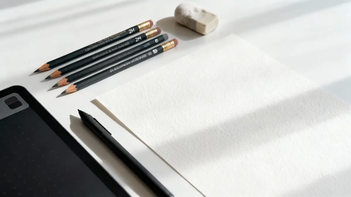 A collection of drawing tools including pencils, erasers, and blending stumps laid out neatly on a wooden surface
