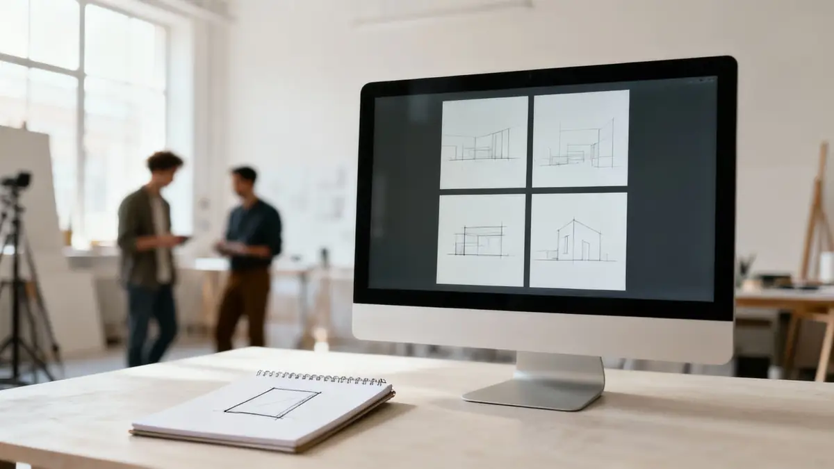A creative team collaborating on a digital tablet in a modern studio environment.