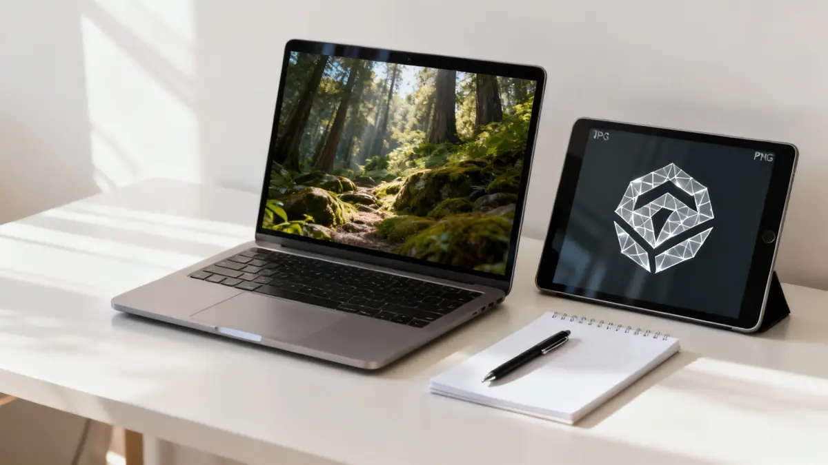 Laptop and tablet displaying image formats JPG and PNG on modern workspace desk