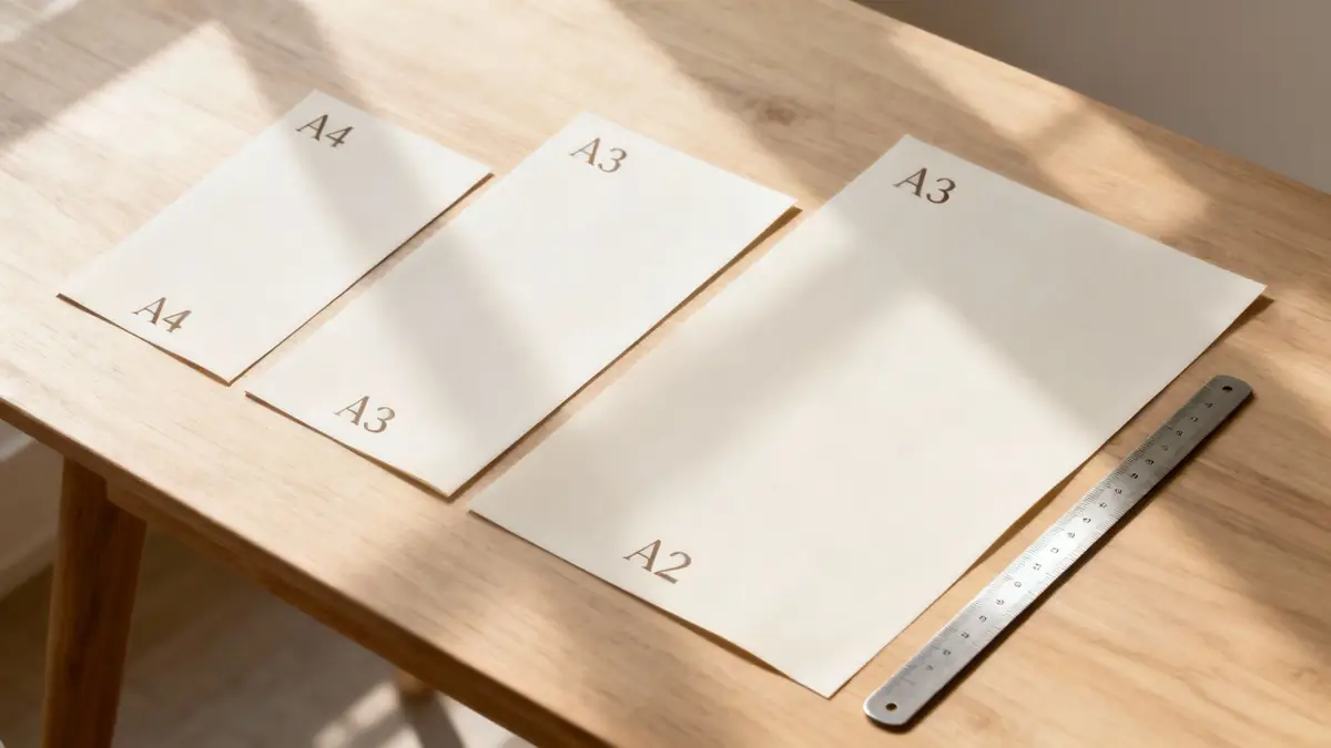 Various paper sizes A2 A3 A4 displayed on wooden table with metal ruler for size comparison
