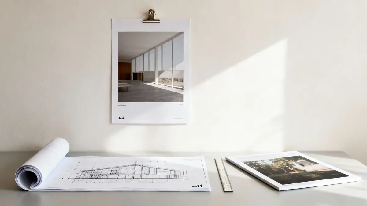 Architectural workspace with A3 blueprints, ruler, and minimalist interior design poster on wall