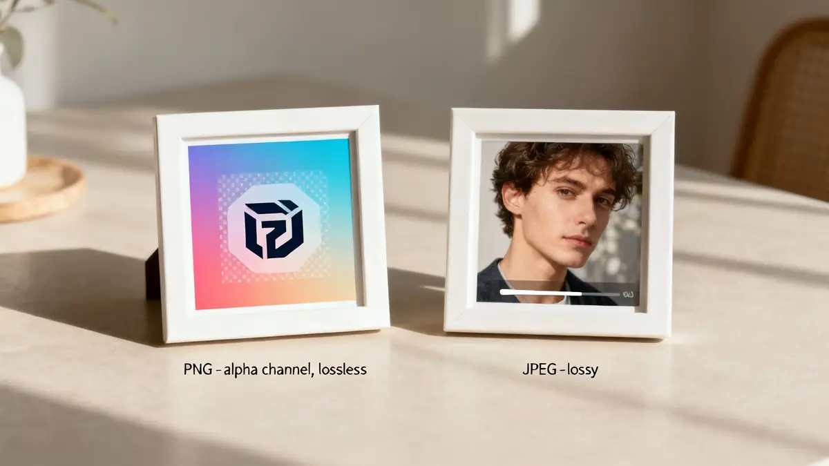 Two framed images demonstrating the difference between PNG (lossless) and JPEG (lossy) formats.
