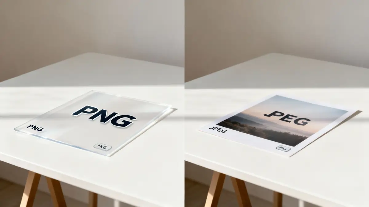 Physical objects demonstrating PNG as a transparent block and JPEG as a printed photo, on a white table.