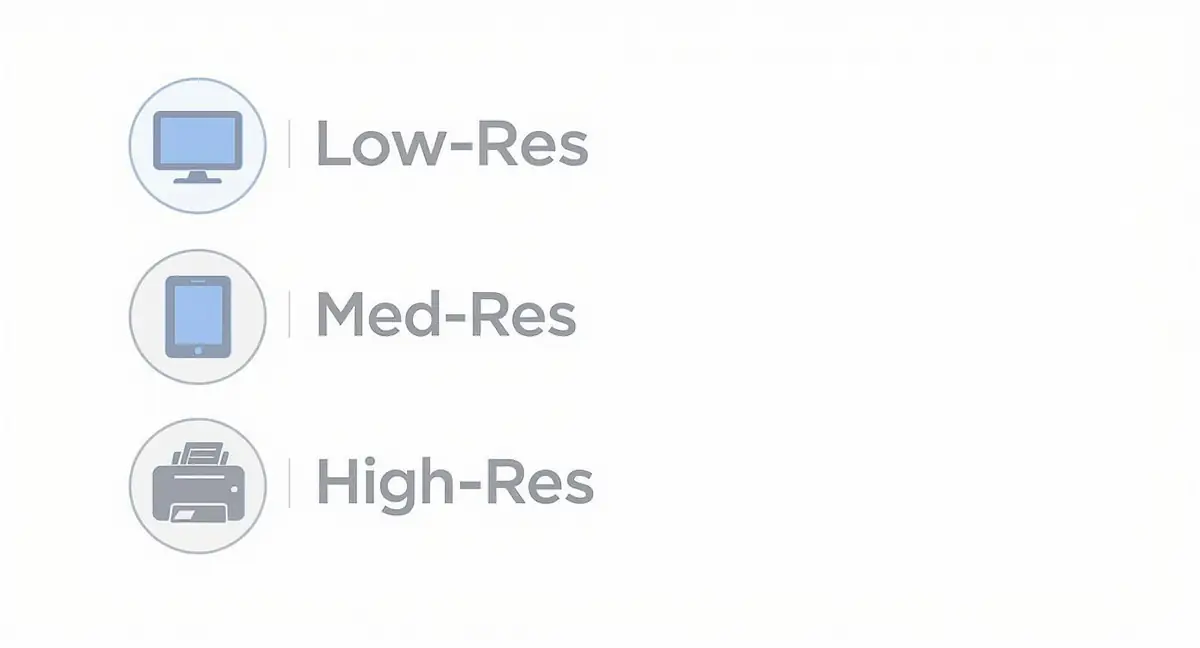 An illustration showing resolution levels: low-res for desktop, med-res for tablet, and high-res for printer.