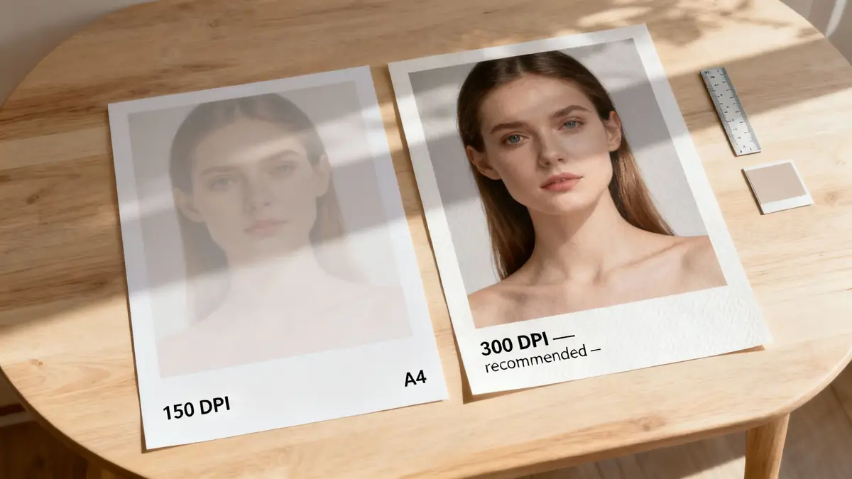 Two A4 photo prints on a wooden table comparing 150 DPI (faded) and 300 DPI (sharp) print quality.