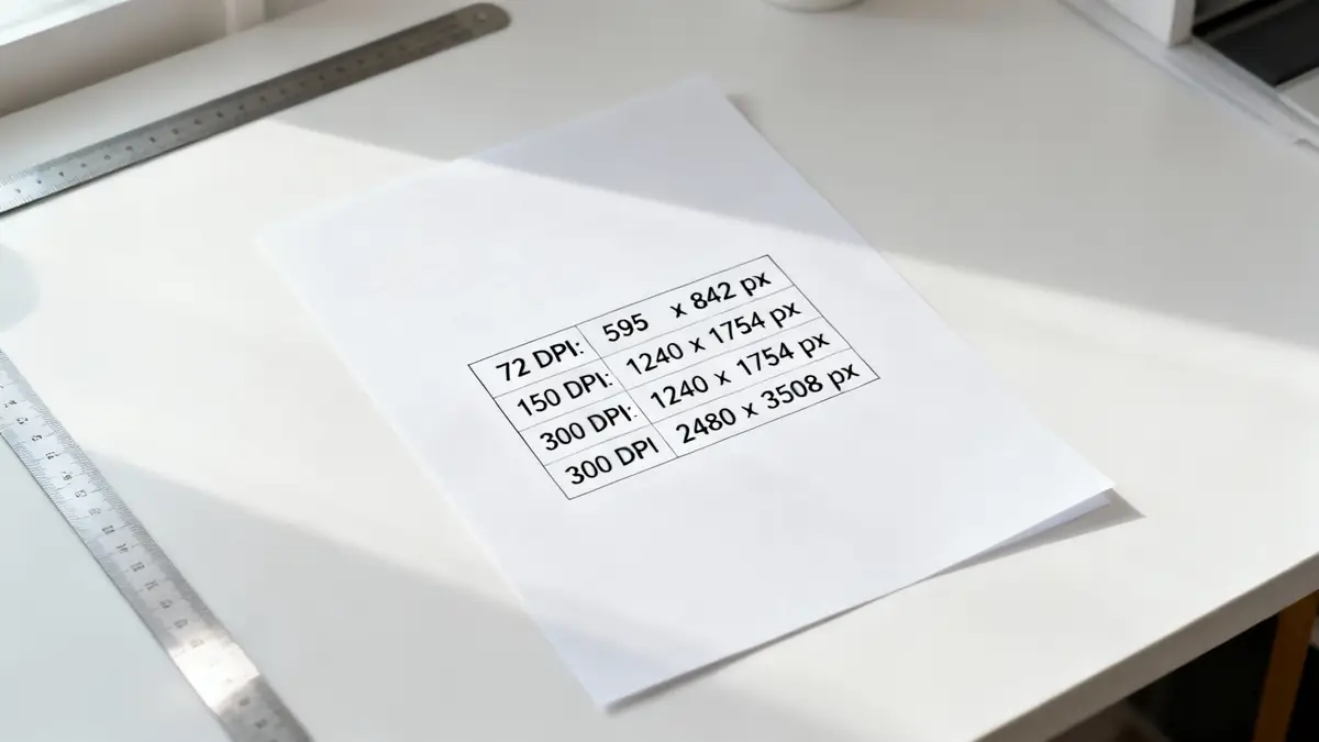 A document detailing pixel dimensions for various DPI settings on a white desk with rulers.