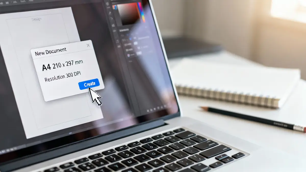 Laptop screen displaying 'New Document' dialog for A4 size document creation at 300 DPI, with cursor clicking 'Create'.