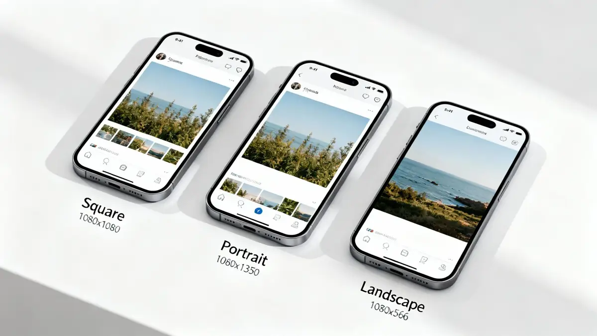 Three iPhones display Instagram post sizes: square, portrait, and landscape, featuring a nature photo.