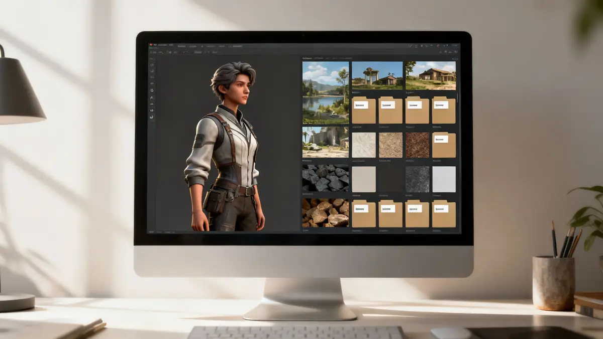 A computer screen displays a 3D character model and various texture swatches on a modern desk.