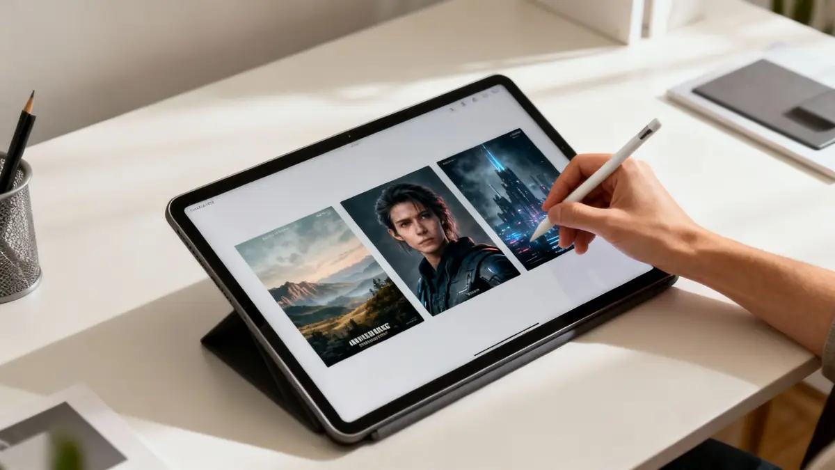 A person's hand uses a stylus on a tablet displaying three video game posters.