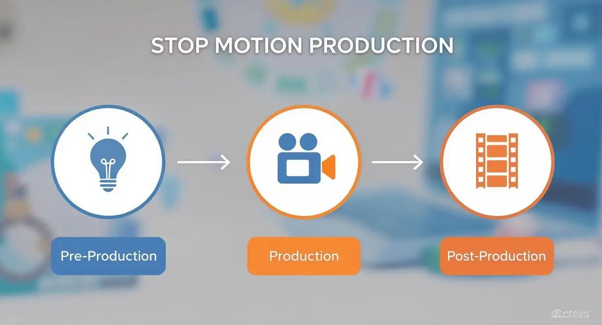 Diagram showing the three stages of stop motion production: pre-production, production, and post-production, with respective icons.