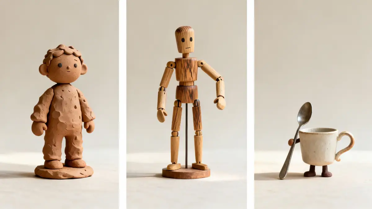 A triptych of handmade figures: a clay child, a wooden mannequin, and a ceramic mug with a spoon.