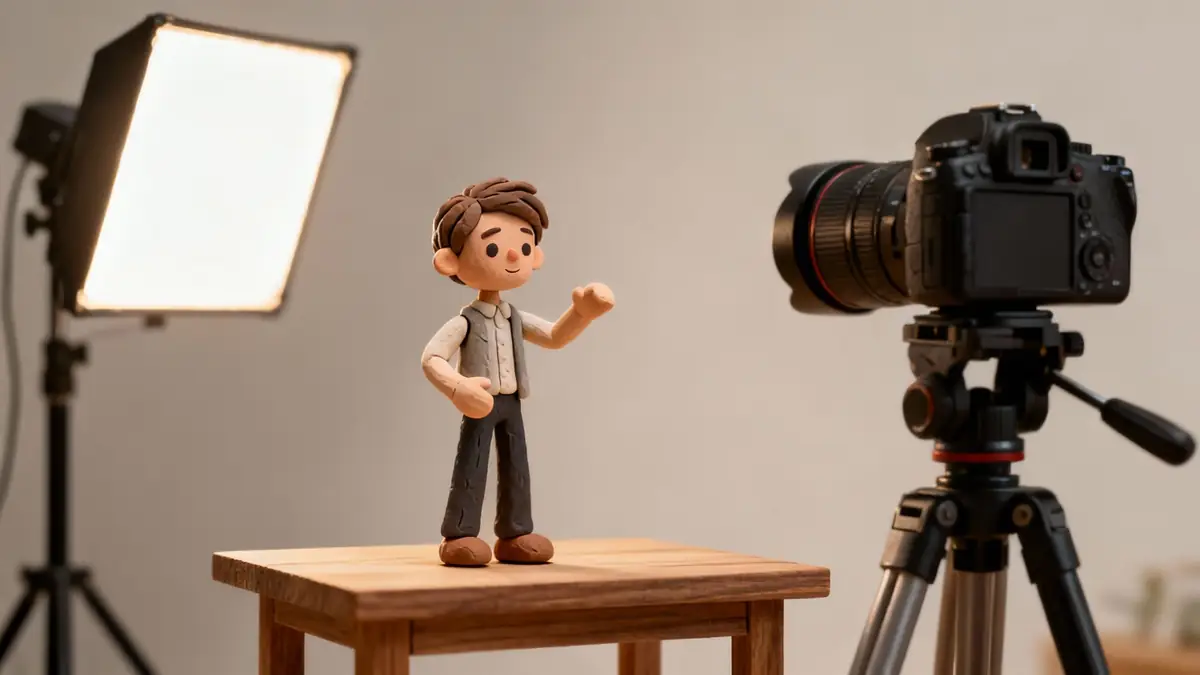 A claymation figure on a wooden table, a camera on a tripod, and a studio light setup for stop motion.