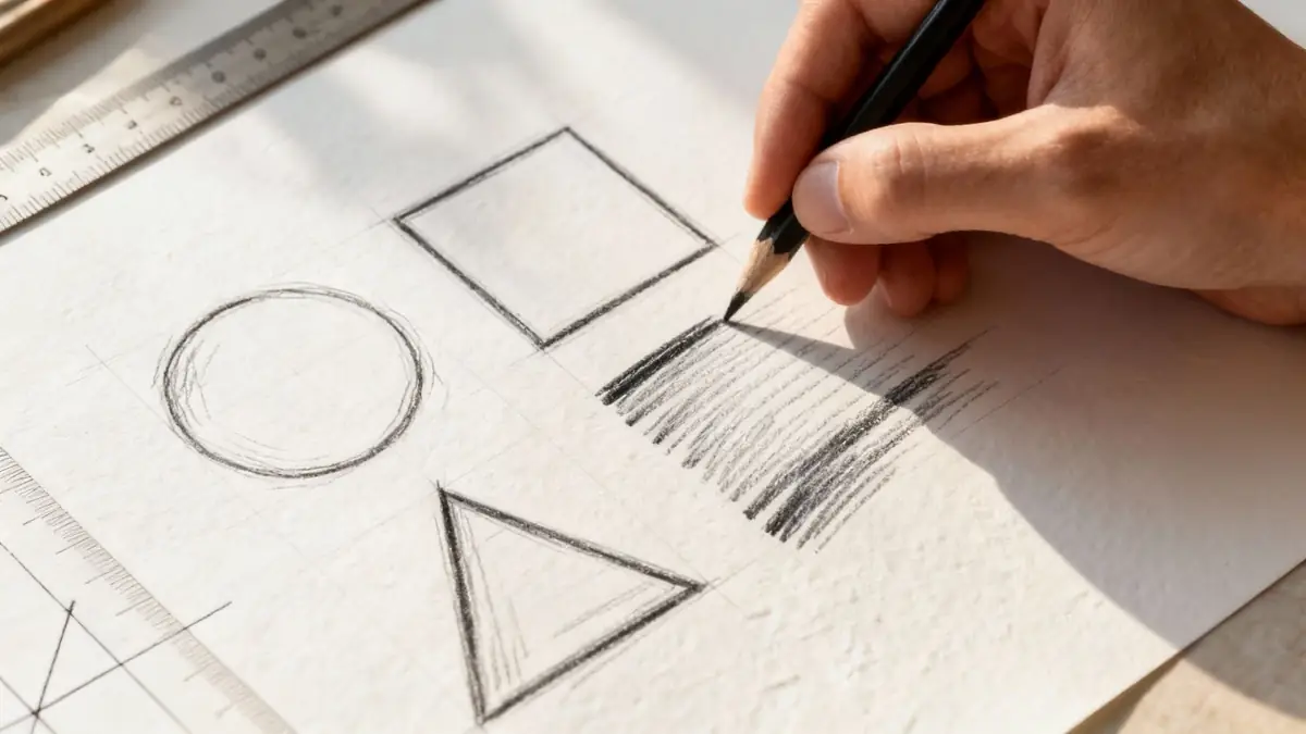 Close-up of a hand drawing geometric shapes and shading exercises on paper with a pencil.