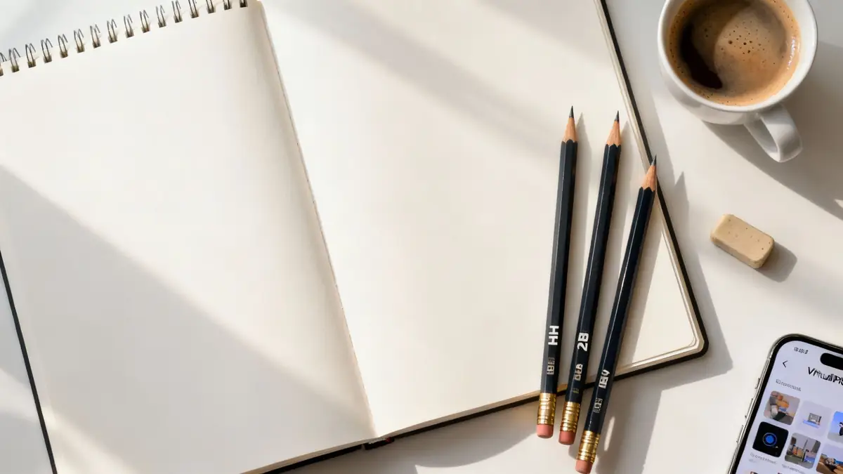 Blank sketchbook pages, various drawing pencils, an eraser, and coffee on a white desk.