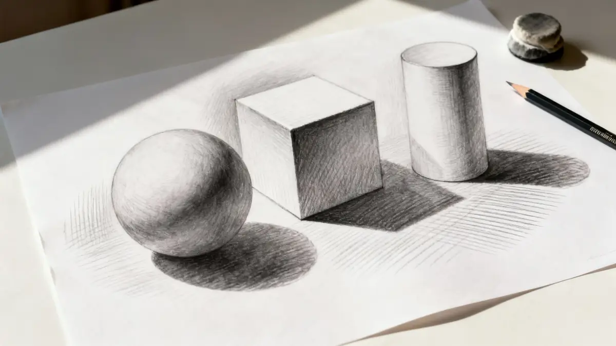 A skilled pencil drawing of a sphere, cube, and cylinder with shadows, alongside a pencil and eraser.