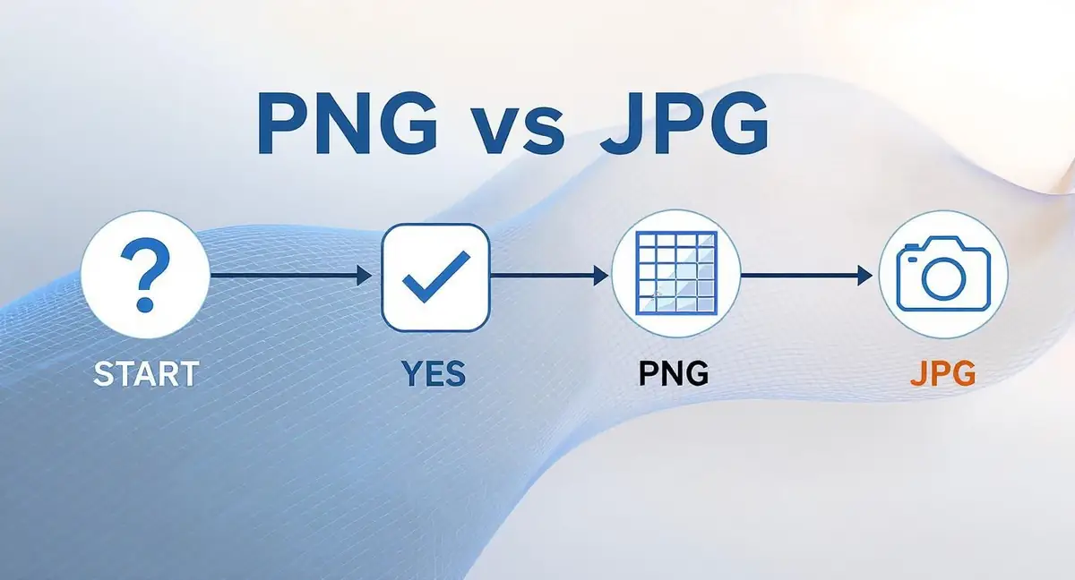 Flowchart illustrating the differences between PNG and JPG image file formats, starting with a question mark.