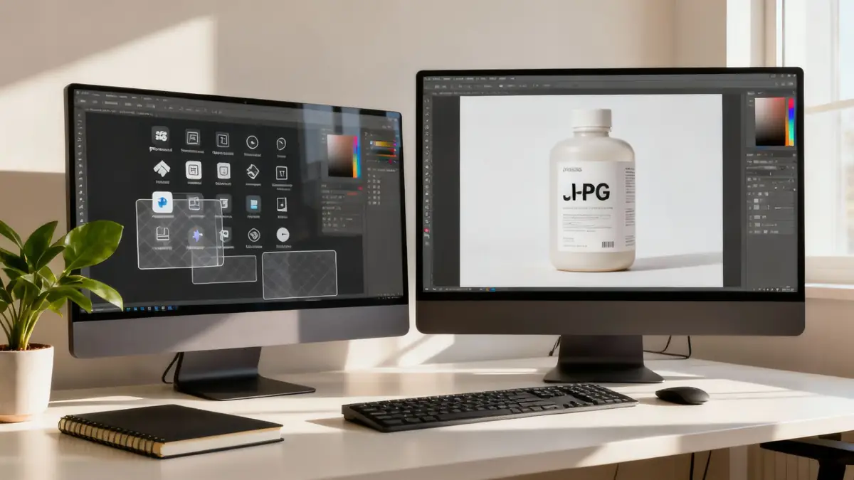 Dual computer monitors on a desk, displaying graphic design software and a white product bottle labeled J-PG.