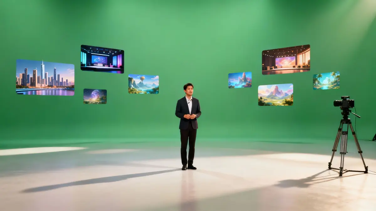 Man in suit stands on a green screen stage surrounded by floating virtual backgrounds.
