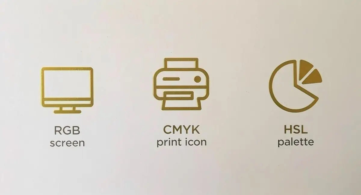 Three gold icons representing RGB screen, CMYK print, and HSL palette on a white background.