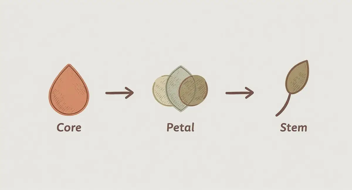Three stylized drawings illustrating the core, petal, and stem components of a rose.
