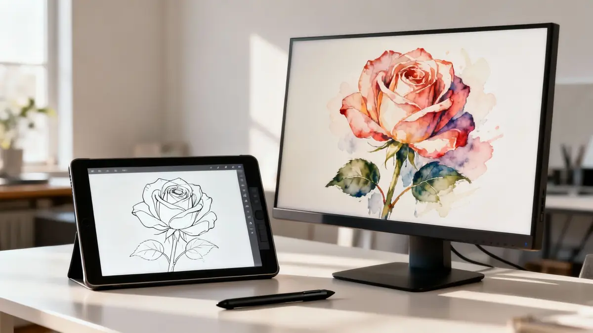 Digital art setup showing a rose sketch on a tablet and a watercolor rose painting on a monitor.
