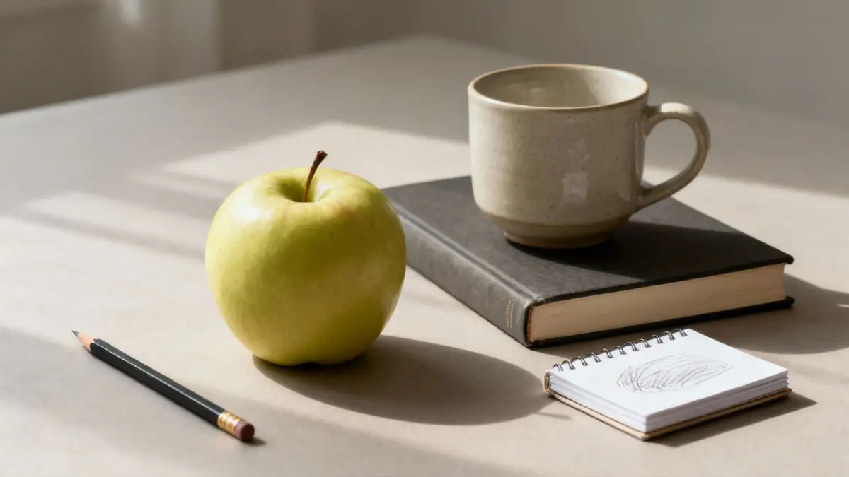 A still life composition with a green apple, pencil, sketchbook, book, and mug on a sunlit table.