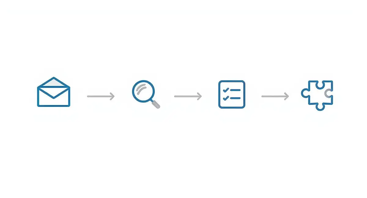 A sequential visual workflow depicting an envelope, magnifying glass, checklist, and puzzle piece.