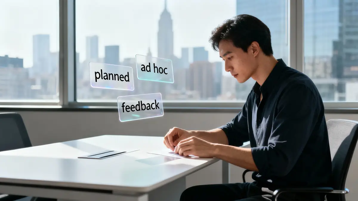 A young Asian man works at a desk with virtual "planned," "ad hoc," and "feedback" labels floating above.